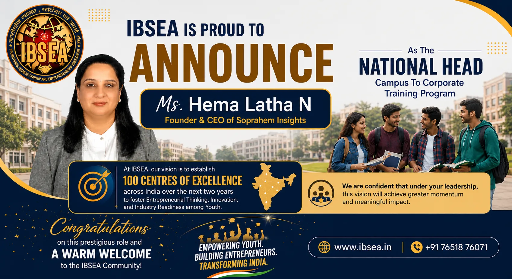 Ms. Hema Latha N  has been Appointed as National Head of Campus to Corporate Training Program